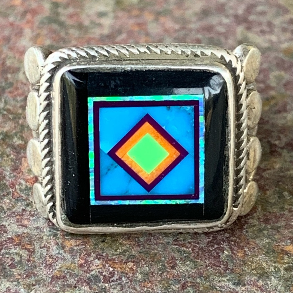 Aldrich Arts * Stunning “Gents” Inlaid Jet Black & Turquoise Ring - Picture 2 of 8